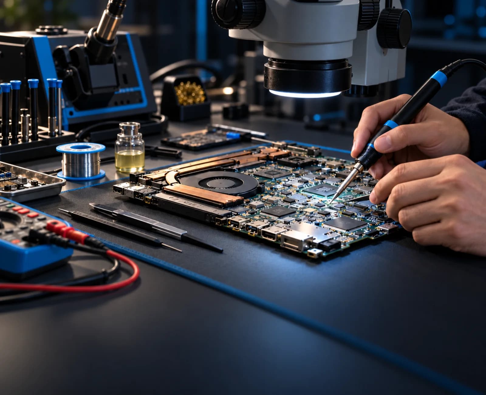 Precision component-level laptop motherboard repair under a microscope
