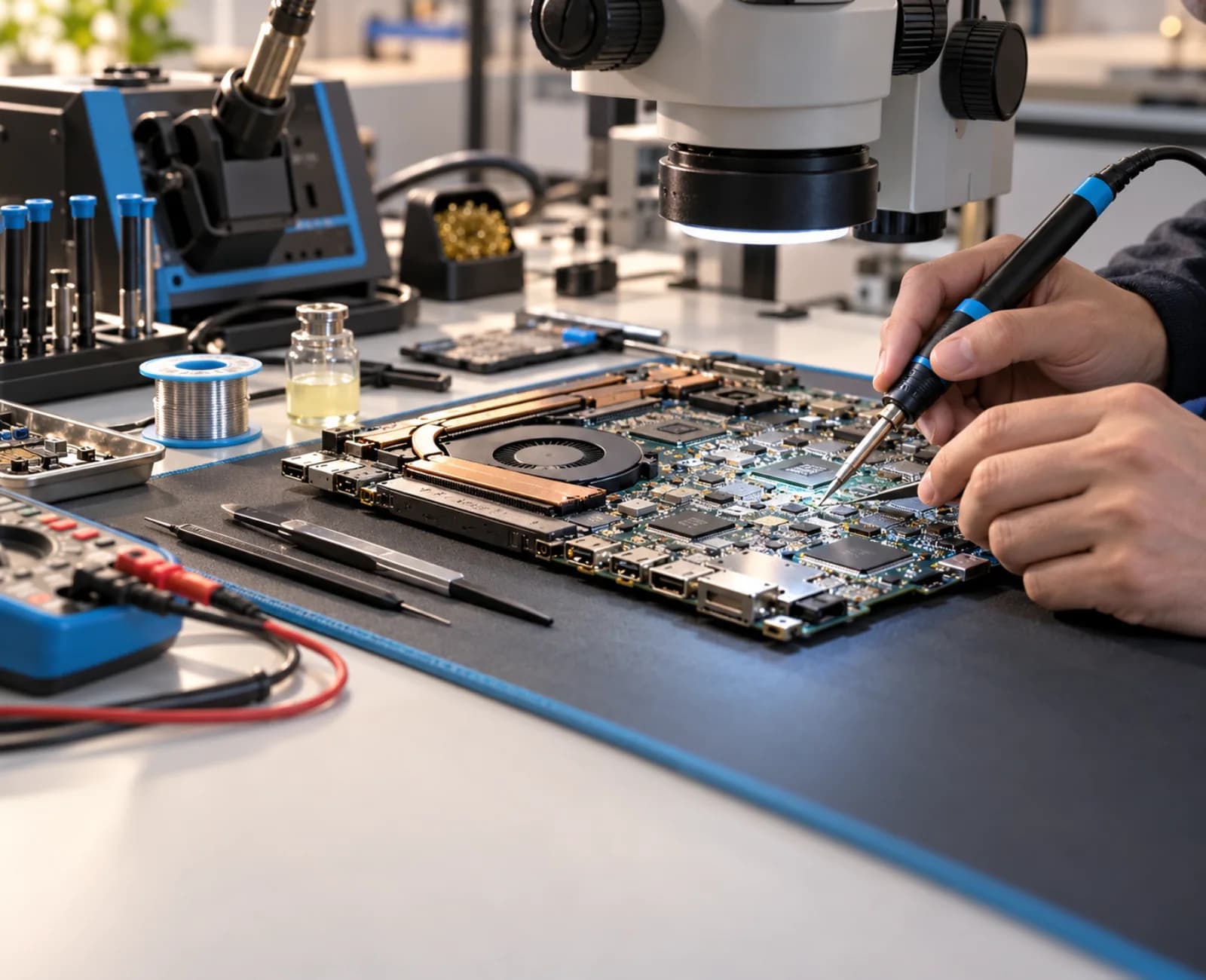 Precision component-level laptop motherboard repair under a microscope