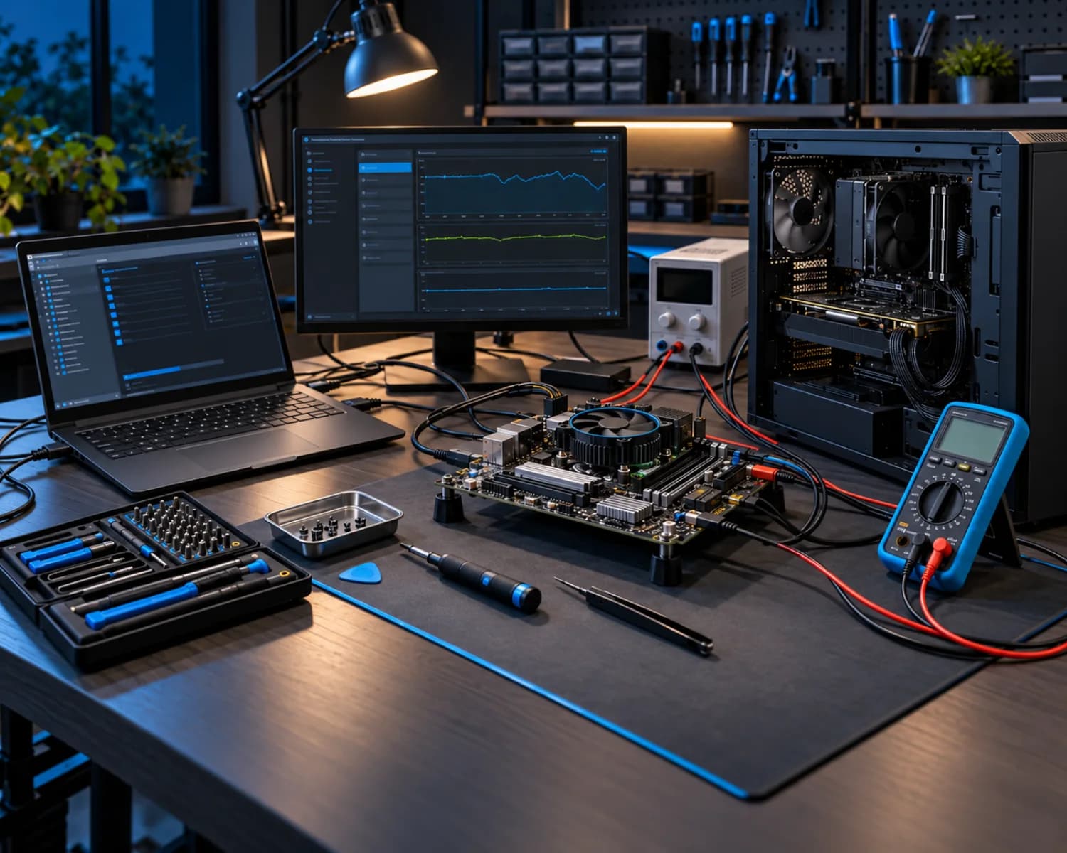 Organised diagnostic bench with a laptop, desktop computer, motherboard, and test instruments