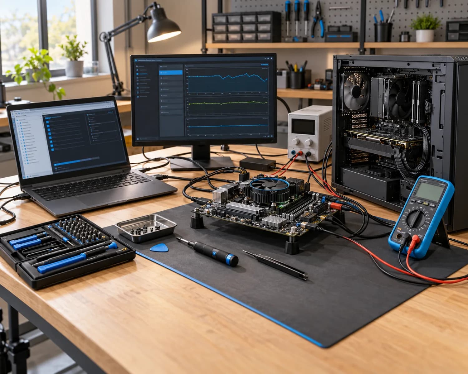 Organised diagnostic bench with a laptop, desktop computer, motherboard, and test instruments
