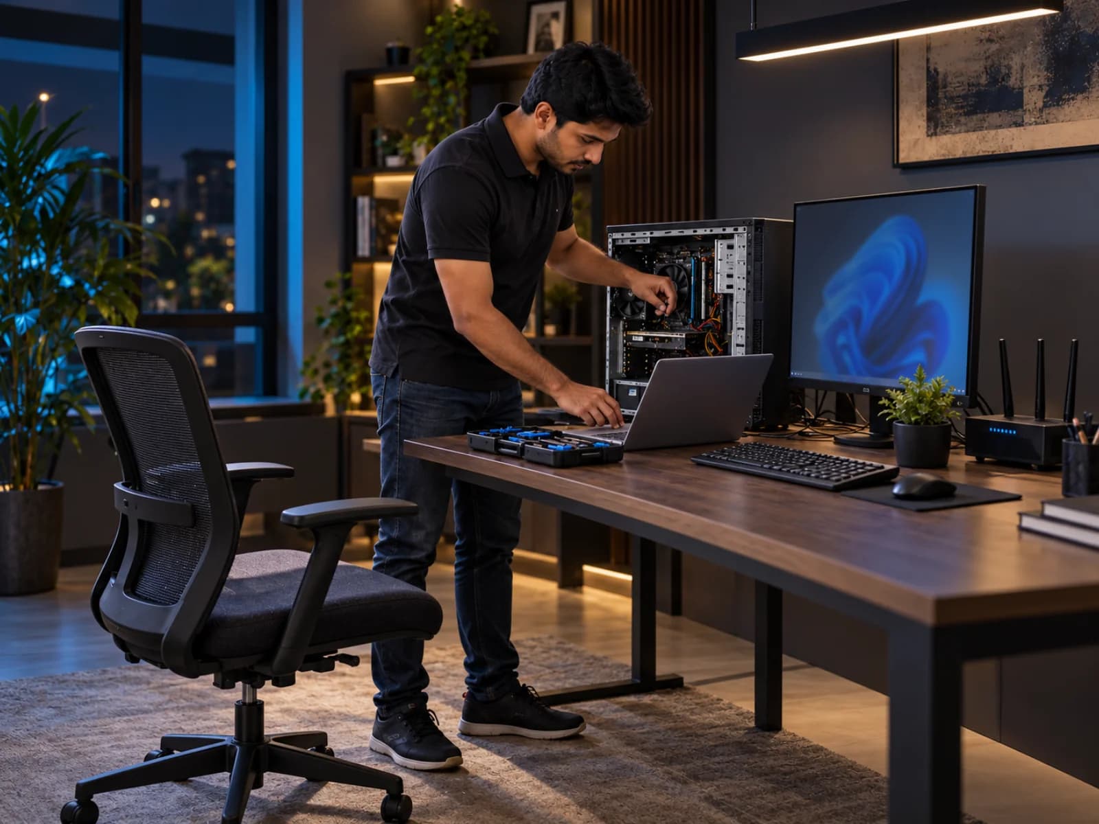 Technician diagnosing a desktop computer at a customer workspace