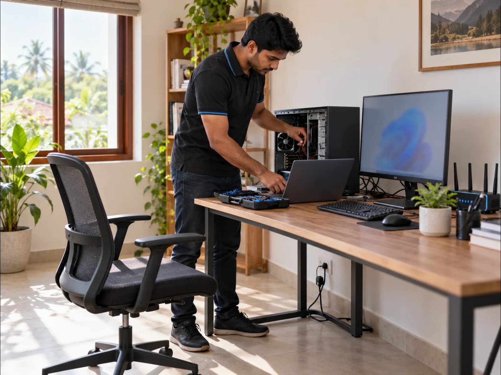 Technician diagnosing a desktop computer at a customer workspace