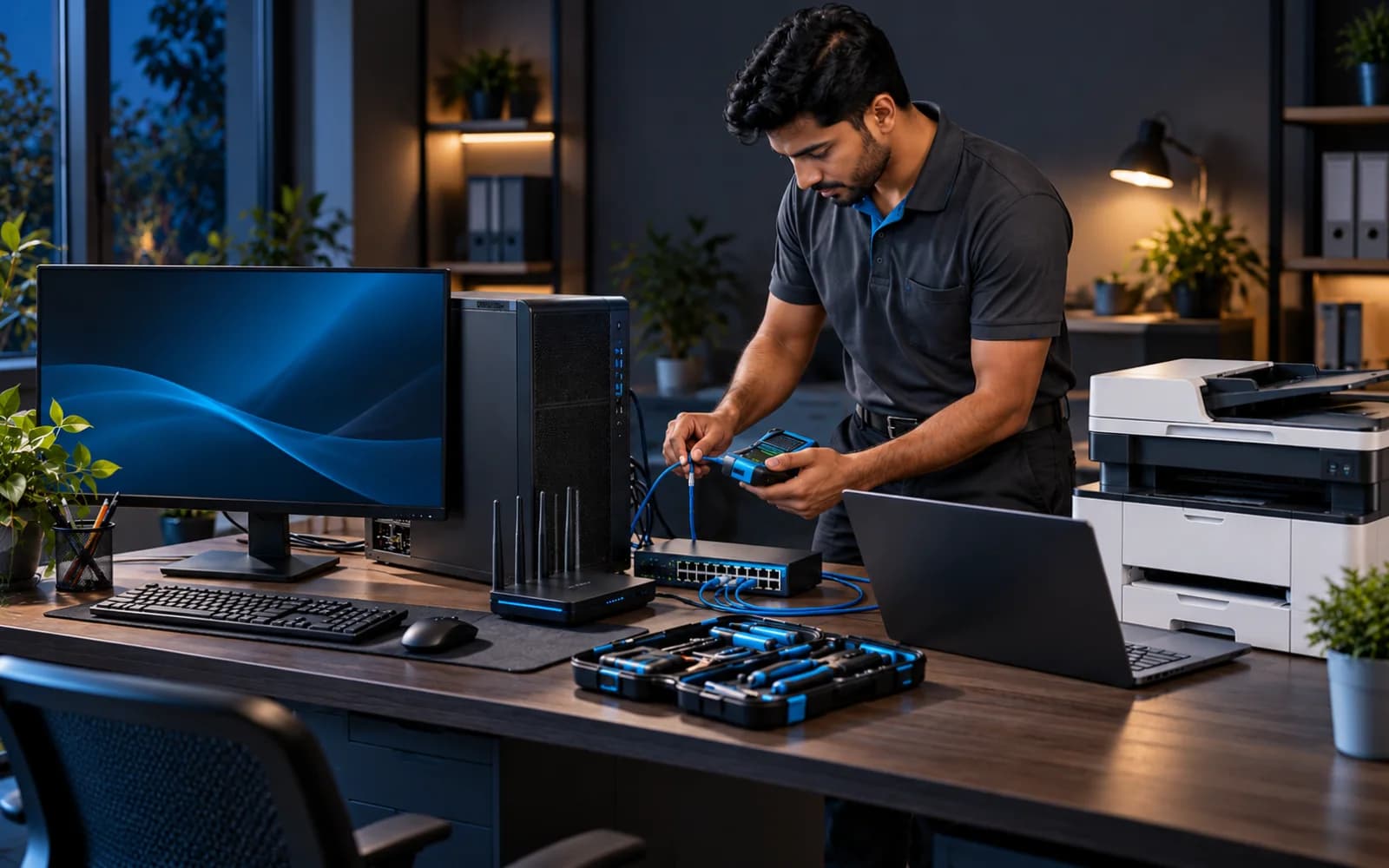 Technician testing a complete office computer, printer, and network setup