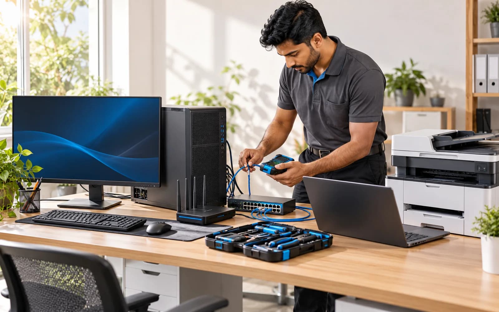 Technician testing a complete office computer, printer, and network setup