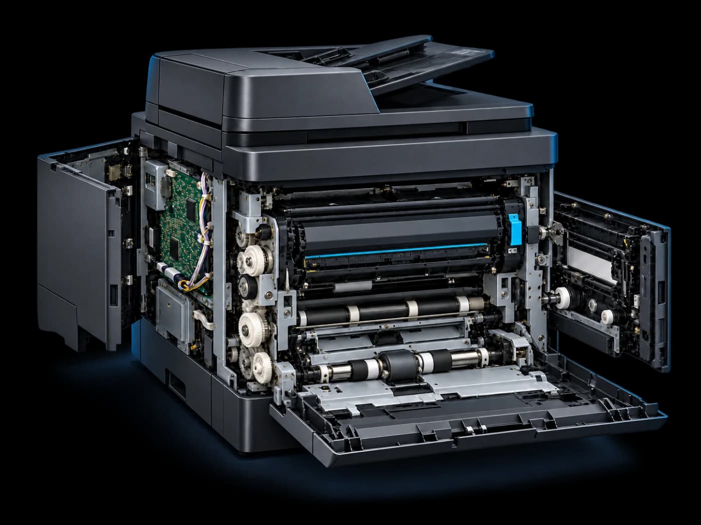 Open office printer showing its rollers, gears, paper path, and internal electronics