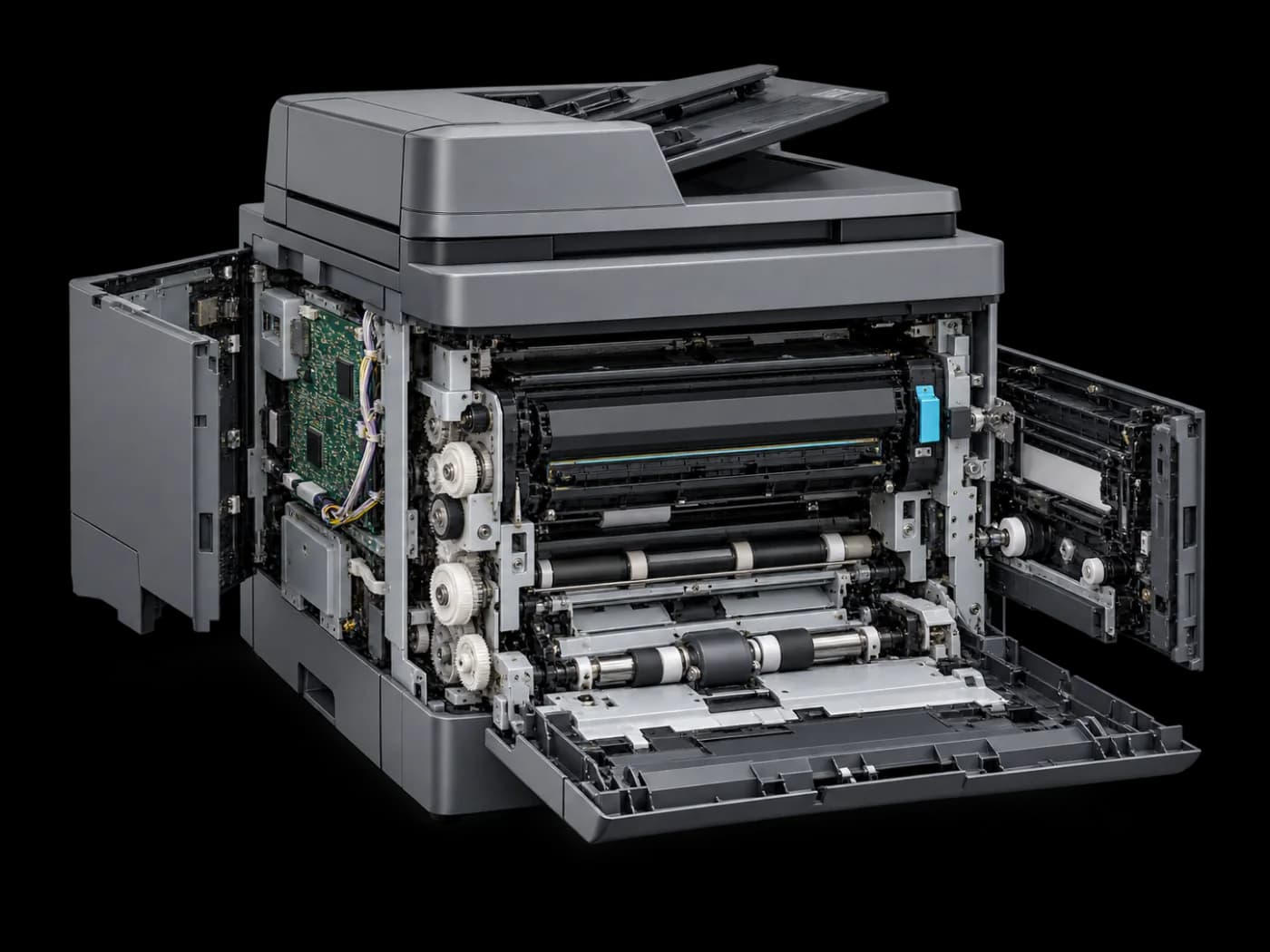 Open office printer showing its rollers, gears, paper path, and internal electronics