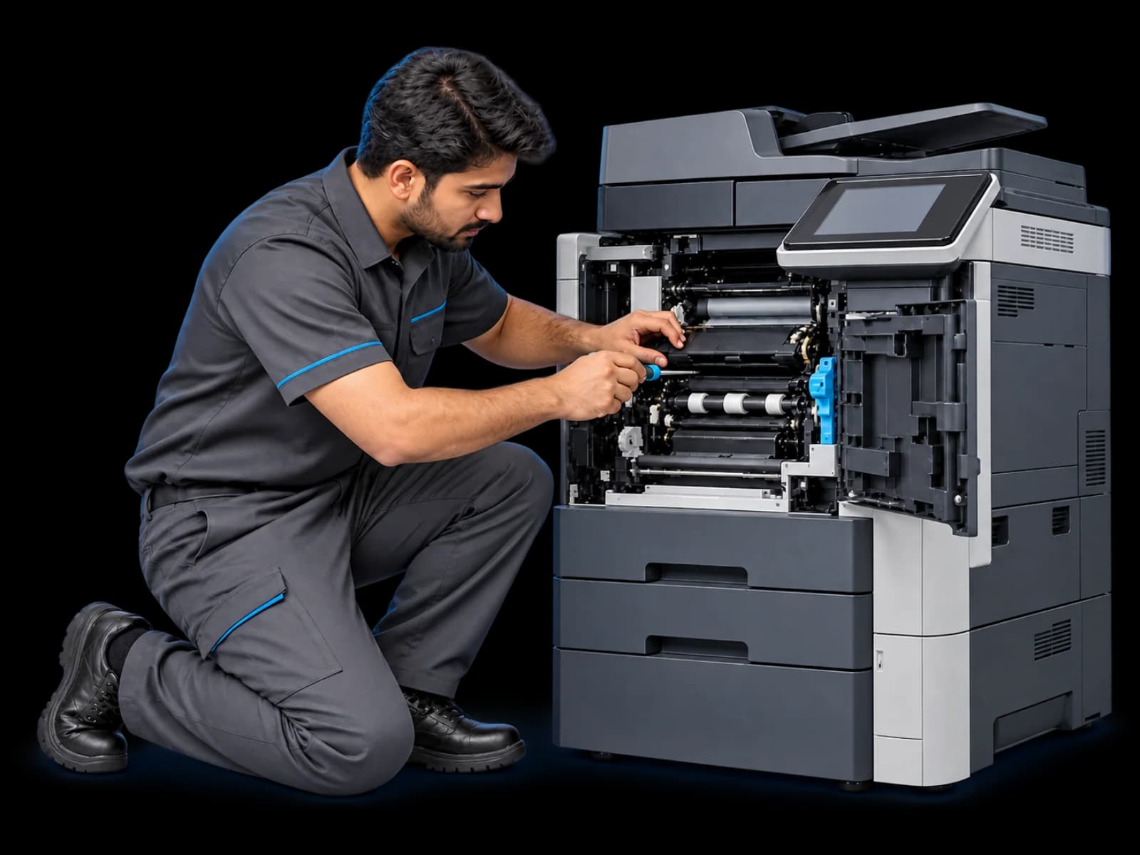 Technician repairing the internal mechanism of a multifunction office printer
