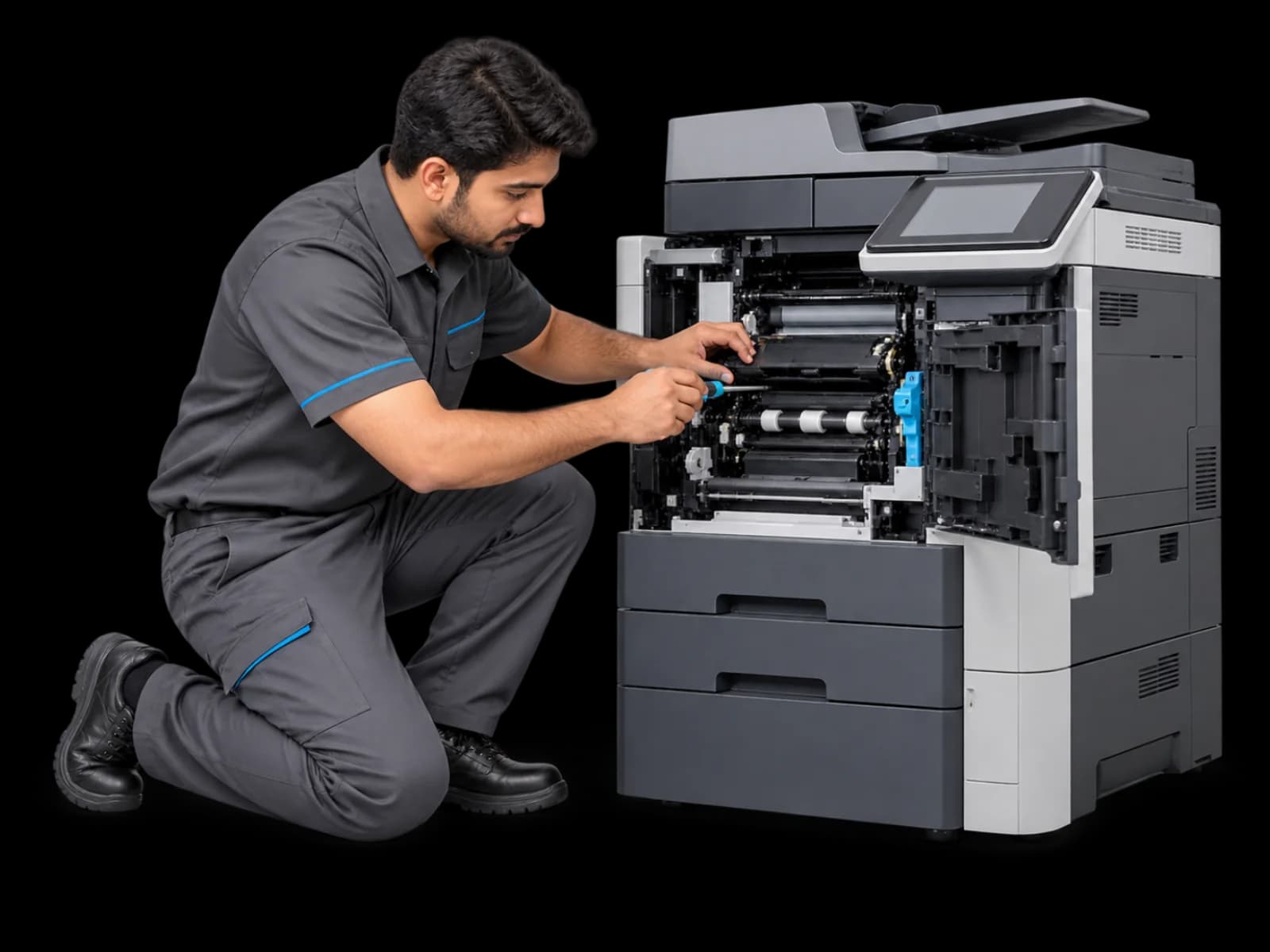 Technician repairing the internal mechanism of a multifunction office printer