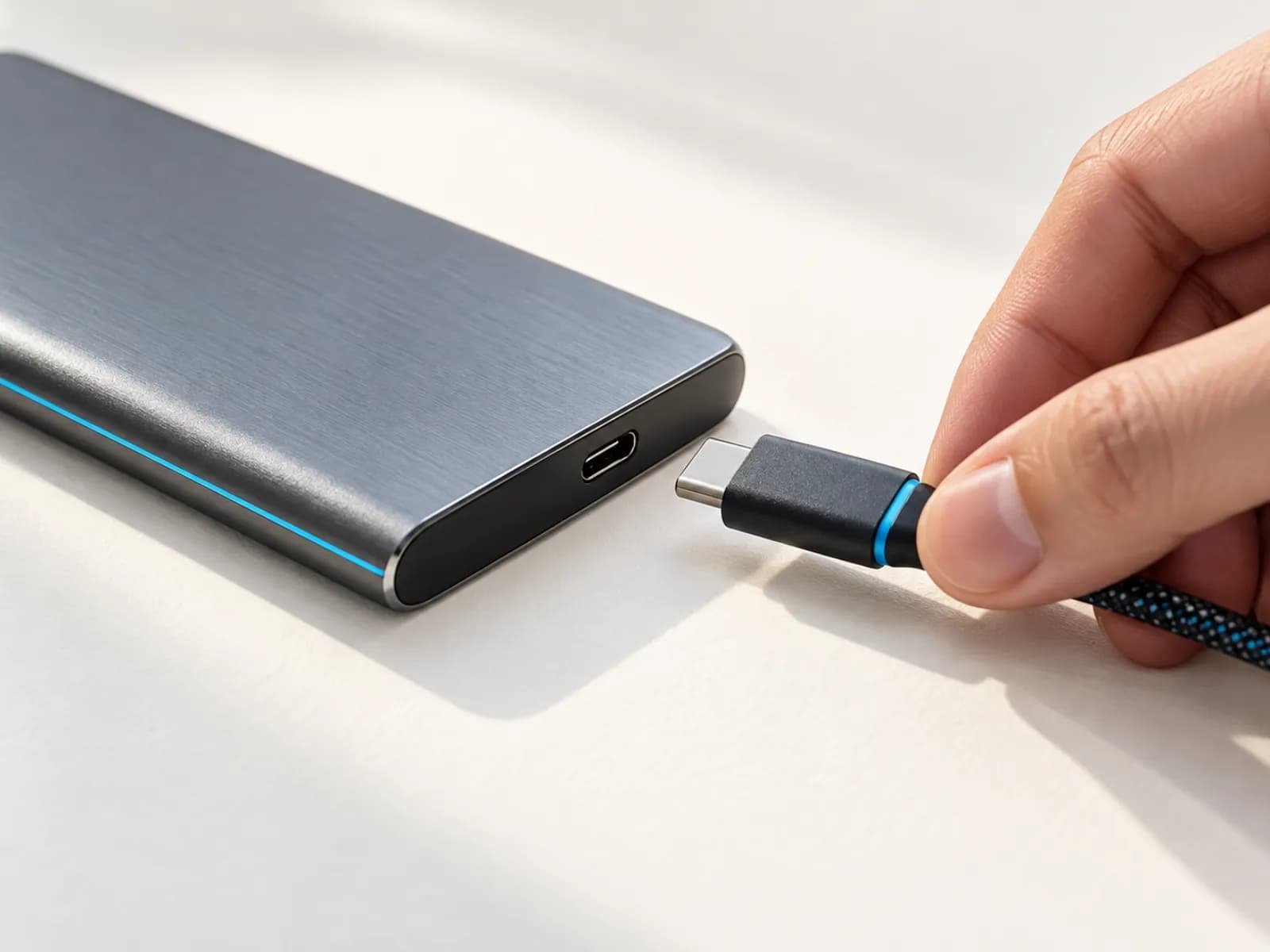 A hand safely disconnecting a USB-C cable from a portable external drive