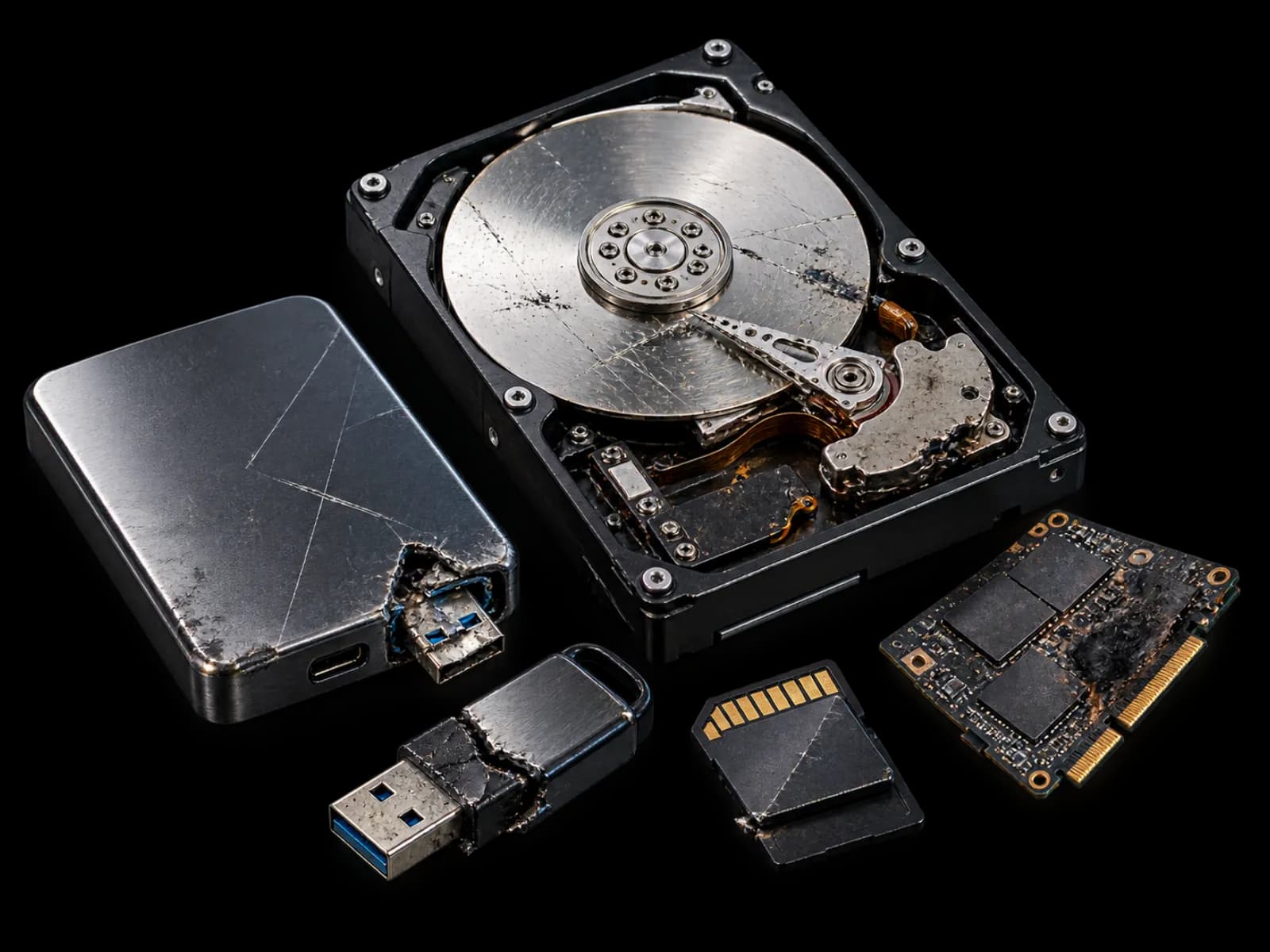 A damaged hard drive, portable drive, USB flash drive, SD cards and burned SSD showing physical storage failure