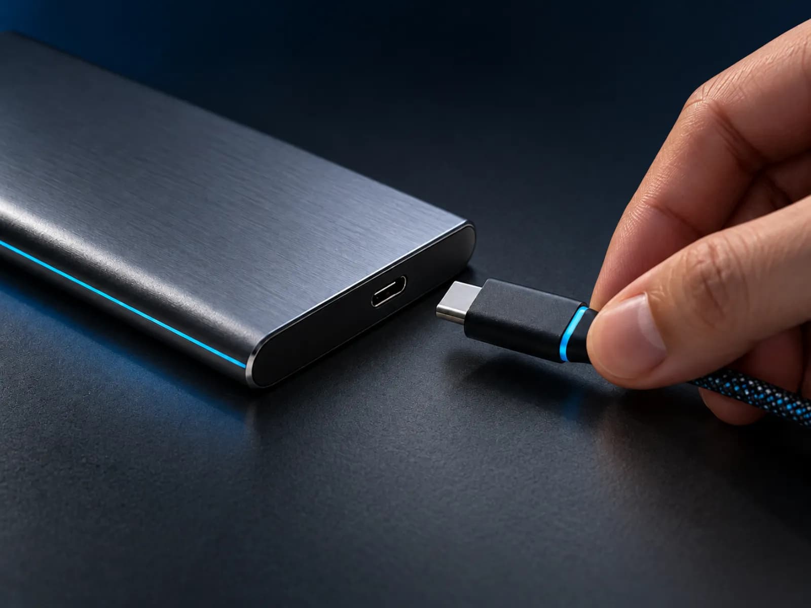 A hand safely disconnecting a USB-C cable from a portable external drive